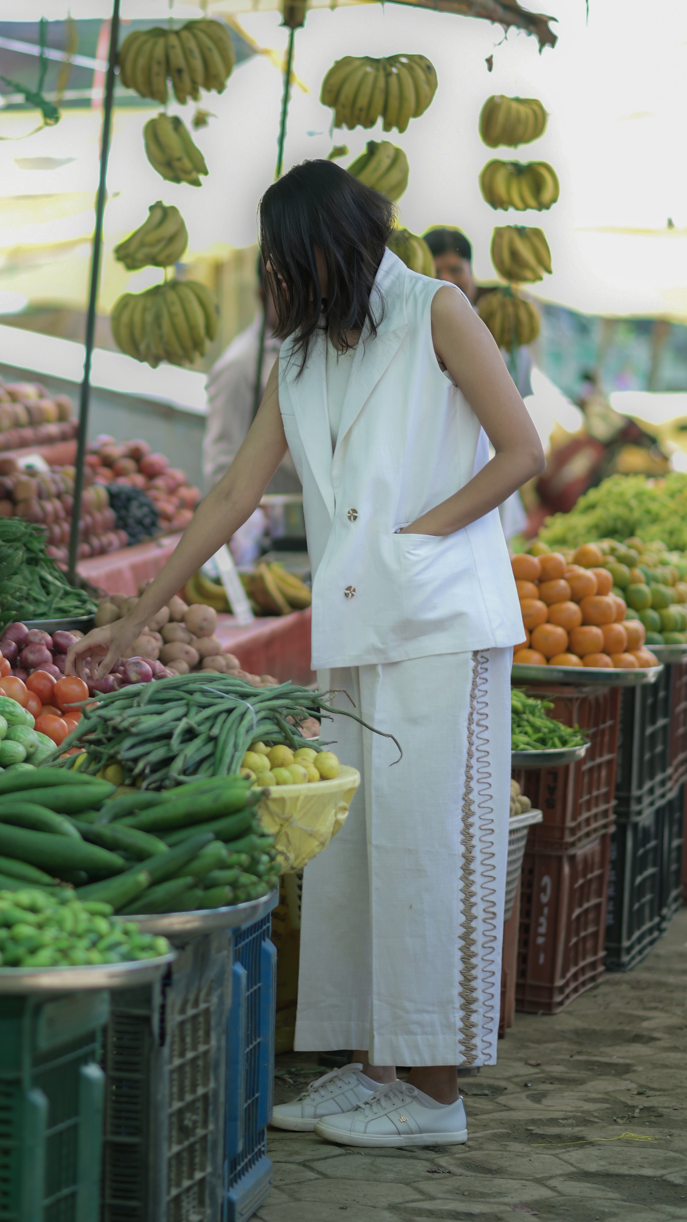 White Handloom Oversized Waistcoat