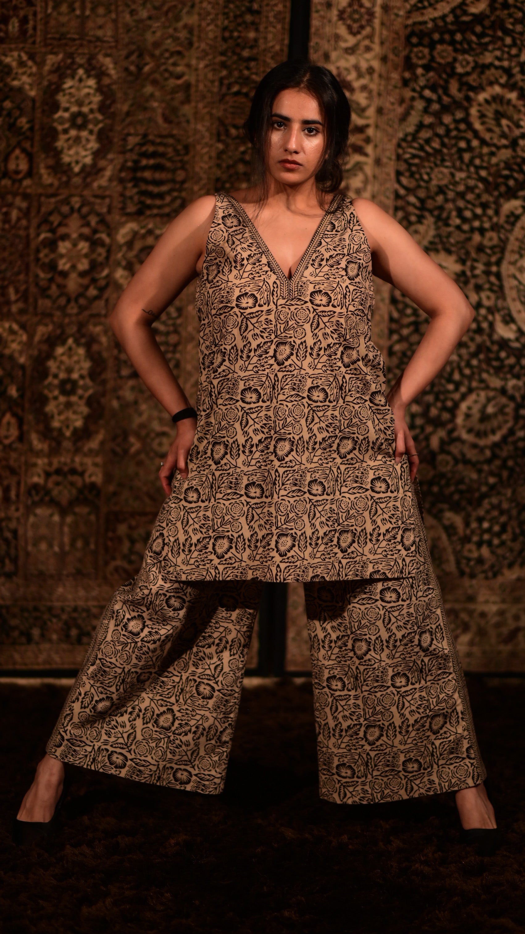 Long V neck Kurta w/ Flared Pants