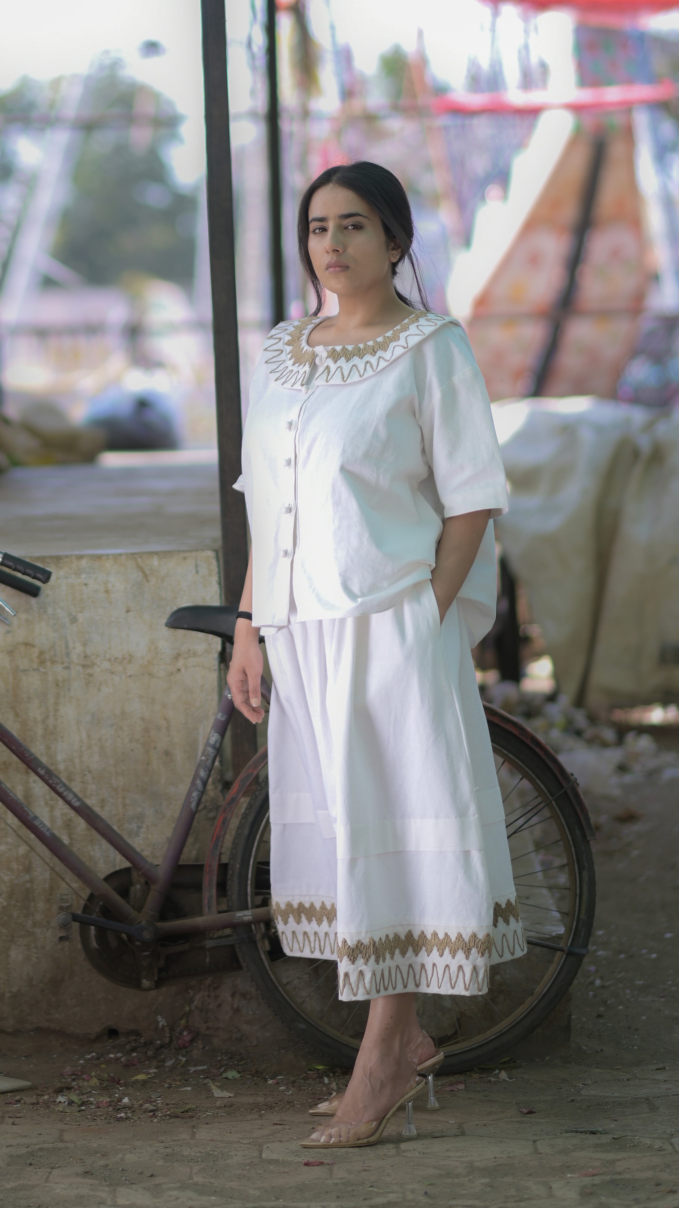 White Handloom Cotton Shirt and Skirt