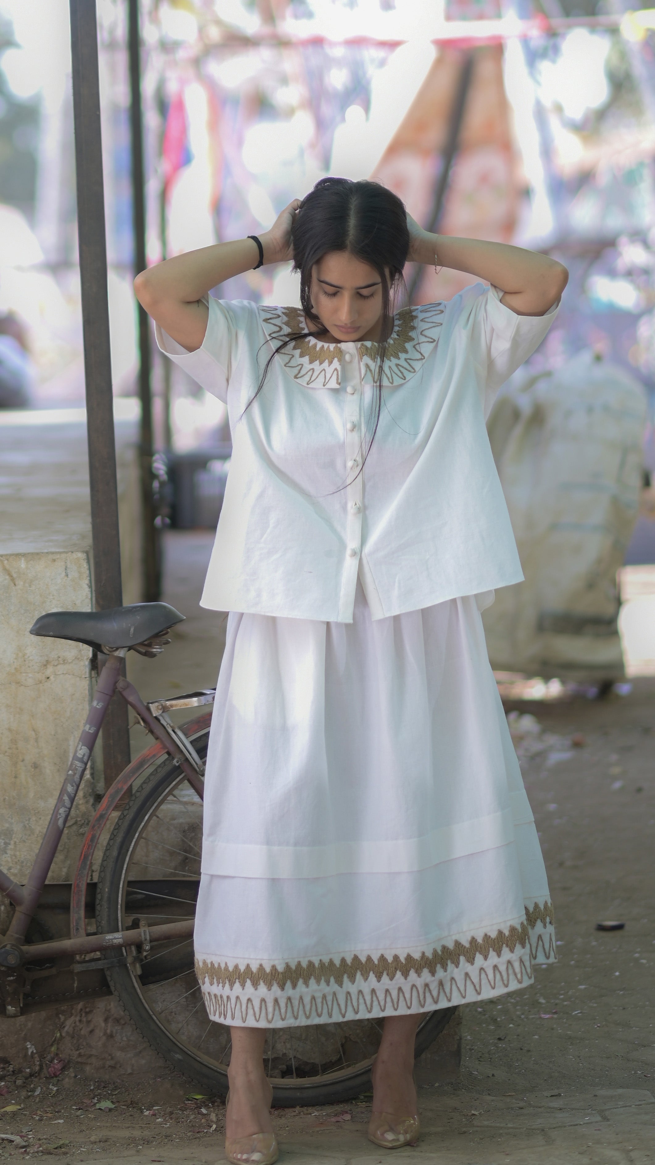 White Handloom Cotton Shirt and Skirt