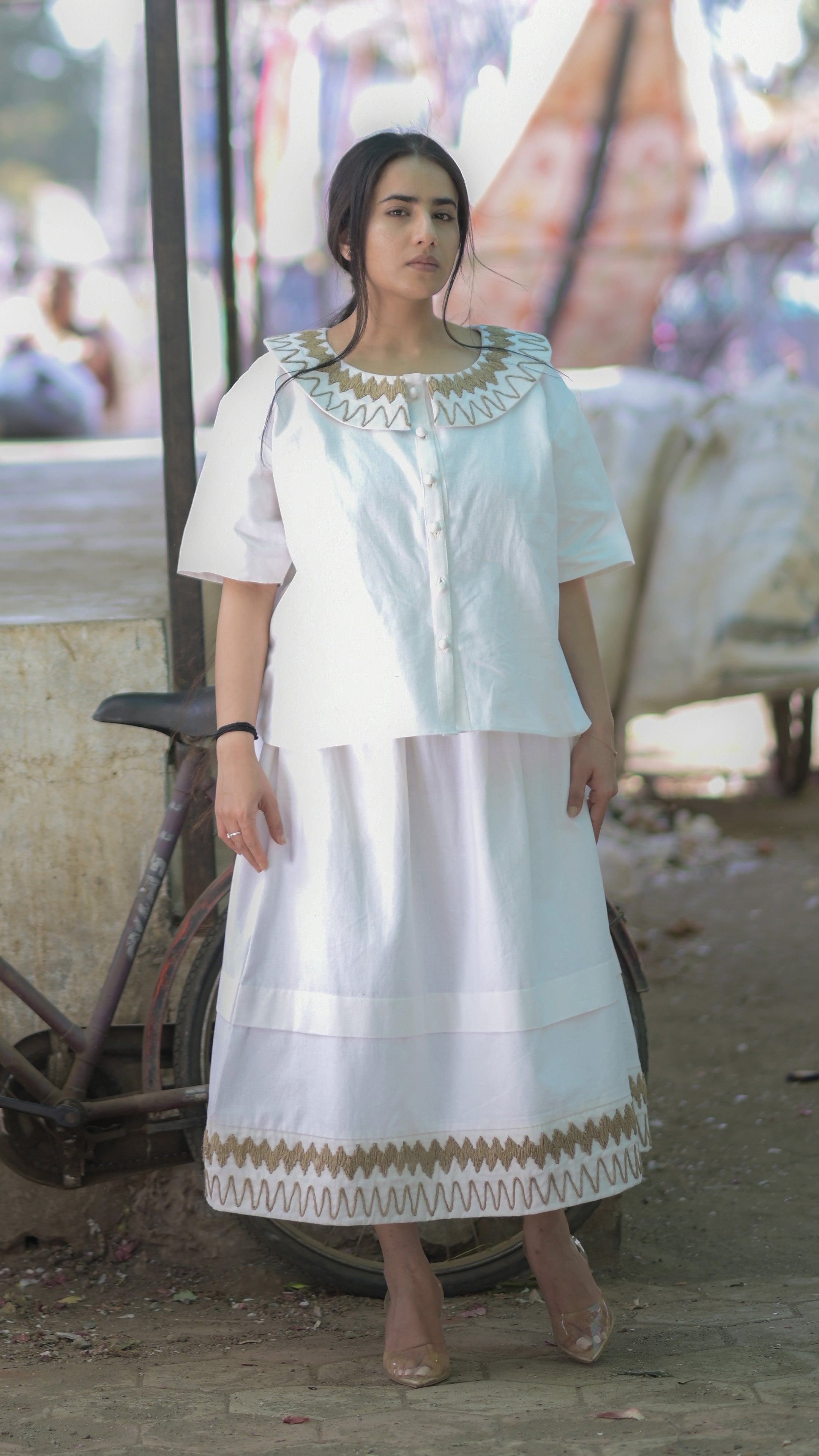 White Handloom Cotton Shirt and Skirt